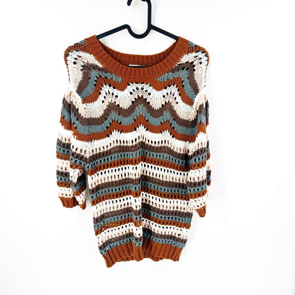 Evereve Womens Multi Color Crochet Knit‎ Chevron Striped Cotton Sweater Small